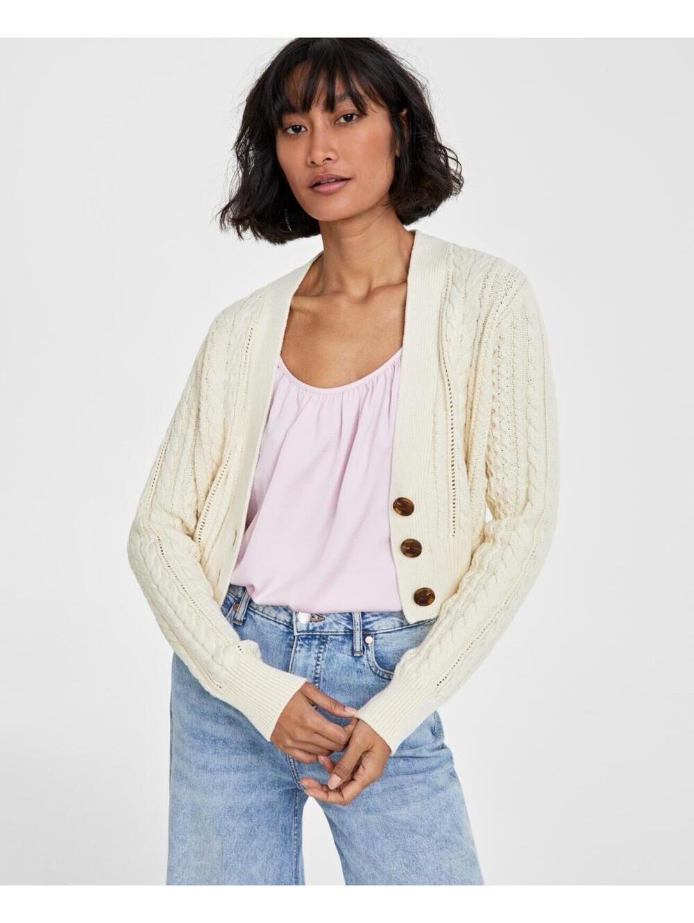 $60 ON 34th Woman’s Cropped V-Neck Cable-Knit Cardigan Cream L